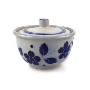 Vintage stoneware Gres De La Roche sugar bowl with blue floral motif