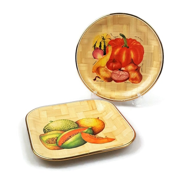 Vintage fruit and vegetables gold rimmed decorative bamboo plates