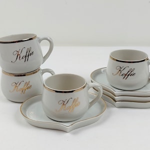 Vintage small white porcelain coffee cups with heart shaped saucers set of 4