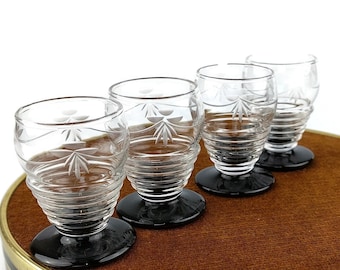 Art Deco etched liqueur or shot glasses with black foot set of 4