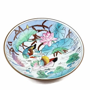 Vintage Chinese Brass Framed Porcelain Bowl with Hand‑Painted Birds & Lotus – Wall or Table Display