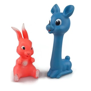 Sun Rubber pink rabbit and a Ledraplastic blue deer Vintage rubber squeak toys