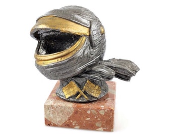 Vintage Grand Prix motor racing helmet statue