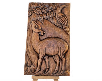 Mid century carved deer and bird solid wood wall hanging