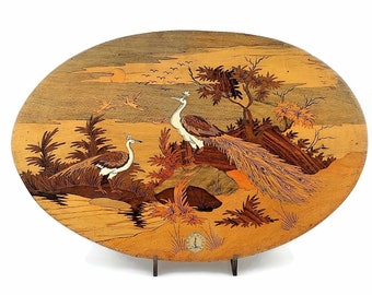 Vintage peacock wooden marquetry wall hanging