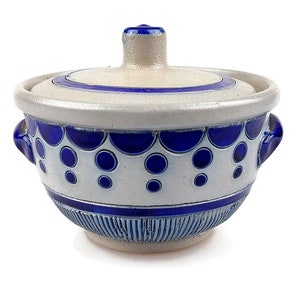 Vintage stoneware Gres De La Roche cobalt blue sugar bowl