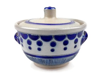 Vintage stoneware Gres De La Roche cobalt blue sugar bowl