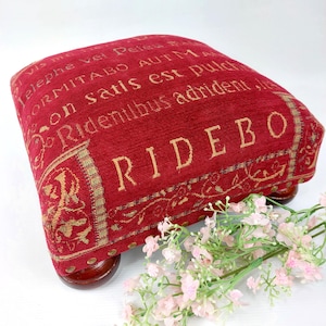 Può includere: Un pouf rosso imbottito con testo dorato e finiture decorative. Il pouf ha una forma rettangolare, gambe in legno ed è decorato con la parola "RIDEBO". Il tessuto presenta un motivo di testo ripetuto.