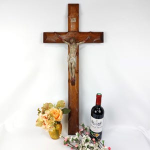 Very Large Antique Wooden Church Crucifix with Ceramic Jesus - Religious Wall Cross 82 cm
