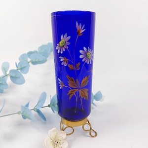 Vintage Cobalt Blue Glass Vase with Hand-Painted Flowers and Brass Stand – Floral Design Art Deco Style