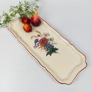 Sarreguemines Agreste Rectangular Plate – Vintage French Ceramic with Floral Design, Red Trim