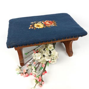 Antique Foot Stool with Blue Floral Tapestry – Solid Wood Ottoman, Vintage Needlepoint Bench, Rustic Cottage Decor