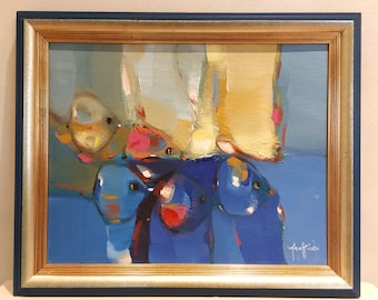 Vintage olieverfschilderij op paneel van abstracte tropische vissen – Muurkunst oceaan