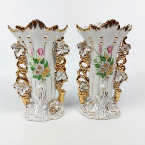 Pair of Antique French Porcelain Bridal Vases - Hand Painted & Gilded Mantel Vases - Vintage Floral Decor