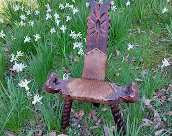 Brutalist Tripod Chair – Carved Wood Birthing Chair, Rustic Milk Stool, Primitive Accent Furniture
