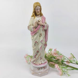 Vintage Sacred Heart Jesus Statue – 1950s Bisque Porcelain Catholic Figurine – Religious Home Altar Decor