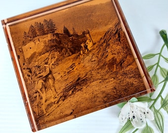 Vintage Brown Glass Paperweight – La Roche en Ardenne – Romantic Mountain Scene with Goats