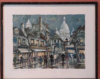 Maurice Legendre Lithograph Paris Place du Tertre - Vintage Framed Art Print Montmartre Scene
