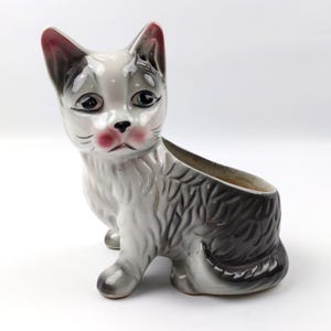 Vintage Ceramic Cat Planter - Mid Century Gray & Black Sad Kitten Figurine - Retro Animal Pottery Home Decor