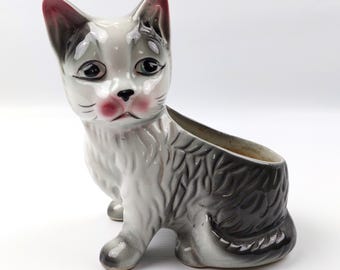 ヴィンテージ陶器製猫用プランター：ミッドセンチュリーの子猫の置物
