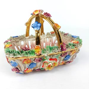 Vintage Capodimonte Style Porcelain Flower Basket with Gold Trim