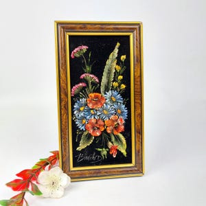 Cuadro floral vintage de terciopelo italiano - Ramo pintado a mano - Decoración de mediados de siglo - Pequeño firmado
