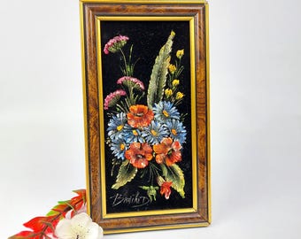 Vintage Italian Velvet Floral Painting - Hand Painted Bouquet Wall Art -  Small Signed Mid Century Decor