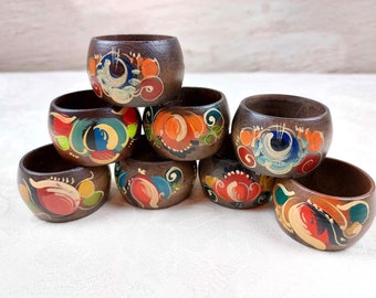 Vintage wooden Napkin rings with colourful floral hand painted decoration set of 8