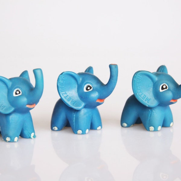 Blue rubber miniature elephants, 3 METZELER logo toy elephants, elephant nursery decor, German motorcycle tyre logo collectible