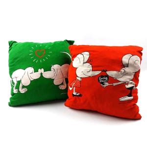 Vintage German red and green cat mouse dog scatter cushions