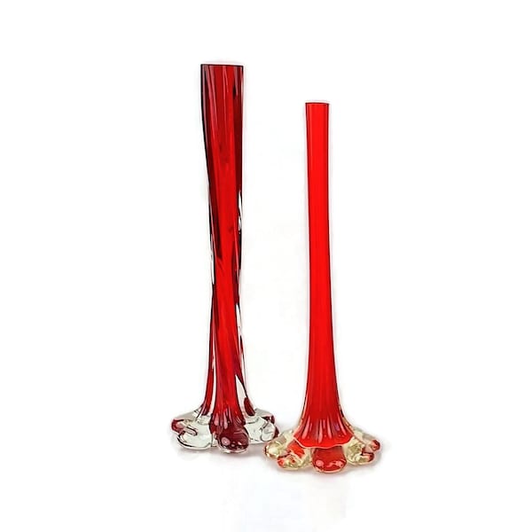 Mid Century red glass soliflore bud vases with twisted stem and elephant foot base