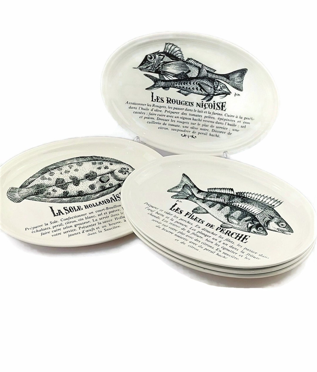 French Vintage Gien Fish Recipe Plates Etsy