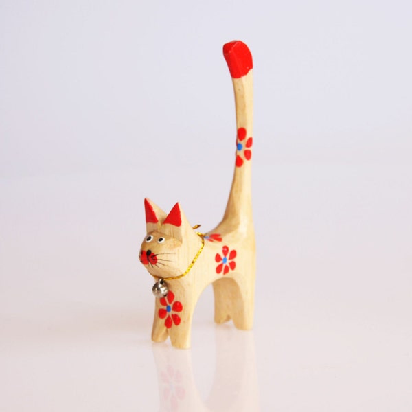 Handmade and hand painted wooden Scandinavian miniature cat figurine