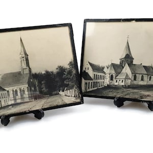 Set of 2 Antique Belgian Church Prints - Monochrome Vintage Wall Decor