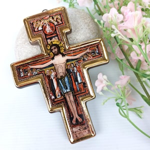 Ceramic San Damiano Crucifix - Franciscan Wall Cross - Byzantine Style Catholic Decor - Religious Art