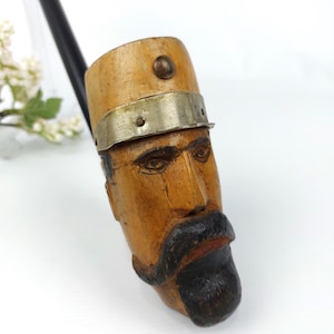 Antique Hand Carved Folk Art Pipe - Vintage Wooden Tobacco Pipe with Soldier Head Design