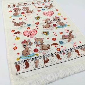 Vintage Cotton Tea Towel with Cute Kittens – Cat Lover Gift – Valentine Kitchen Decor – 62x39 cm – Never Used