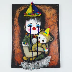 Whimsical Sad Clown Artwork on Solid Wood – Mixed Media with Vintage Charm