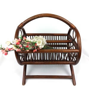 Vintage Boho Bamboo Magazine Rack - Dark Rattan Mid Century Holder - Woven Retro Decor Storage - 1970s Natural Home Accent