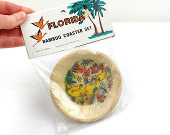 Vintage Florida souvenir bamboo coaster set