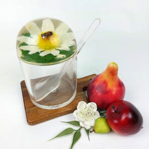 Può includere: Un barattolo di vetro trasparente con un coperchio contenente una margherita e un'ape, con un cucchiaio trasparente all'interno. Il barattolo è su un sottobicchiere di legno. Due mele rosse, una pera e un fiore bianco sono accanto.