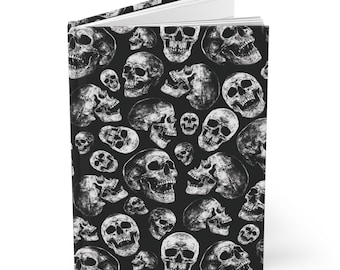 Skull Hardcover Journal Matte, Spooky Lined Pages Notebook, Goth Writing Diary, Black White Halloween Gift, Day of the Dead Sketchbook