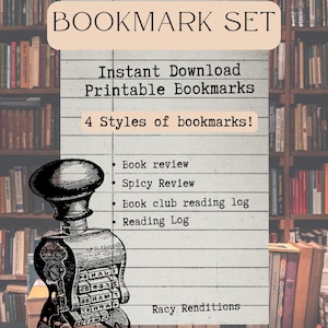 Puede incluir: Un conjunto de marcapáginas de estilo vintage con el texto "BOOKMARK SET" y "Instant Download Printable Bookmarks". El diseño incluye una lista de estilos de marcapáginas: Book review, Spicy Review, Book club reading log y Reading Log. Un sello vintage está en primer plano.