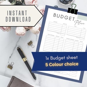 May include: A budget plan sheet with a navy blue border, held by a black clip. The sheet has sections for income, expenses, and totals. Text on the sheet reads "Budget Plan". A banner states "1x Budget sheet 5 Colour choice".