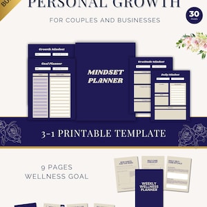 Puede incluir: Un paquete imprimible digital con un tema azul marino. El paquete incluye un Mindset Planner, una sección de Objetivos de Bienestar y un Planificador de Cuidado Personal. La portada del Mindset Planner es azul marino con texto blanco. Diseñado para parejas y empresas.