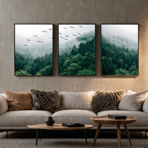 Misty Forest Wall Art Set of 3 | Digital Download | A1 Size 300 DPI | Nature Woodland Landscape Prints | Green Tree Triptych Wall Decor