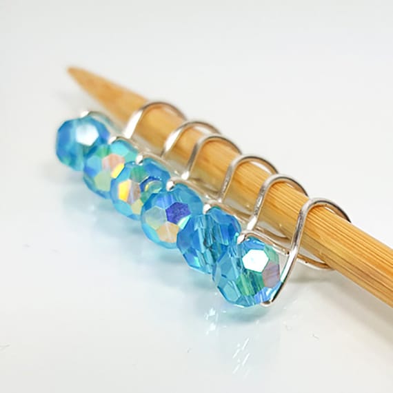 Blue Crystal Stitch Markers for Knitting - handmade snag free marker customize size Small (3.5mm), Medium (5mm), Large (6.5mm), or XL (10mm)