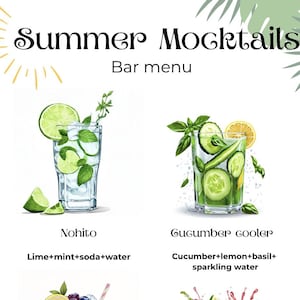 May include: A bar menu featuring four refreshing summer mocktails. The drinks include a Nohito with lime and mint, a Cucumber Cooler with cucumber and lemon, a Berry Lemonade Fizz, and a Ginger Glow with cranberry.