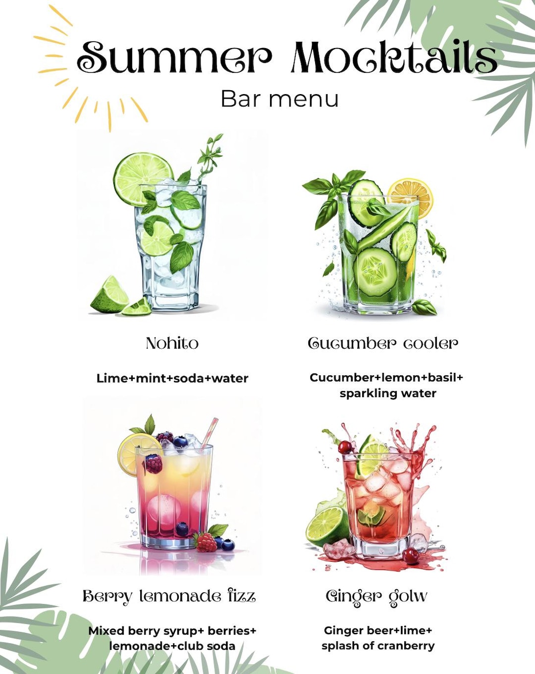 Easy Mocktail Menu.pdf Mocktail Summer Bar Menu - Etsy