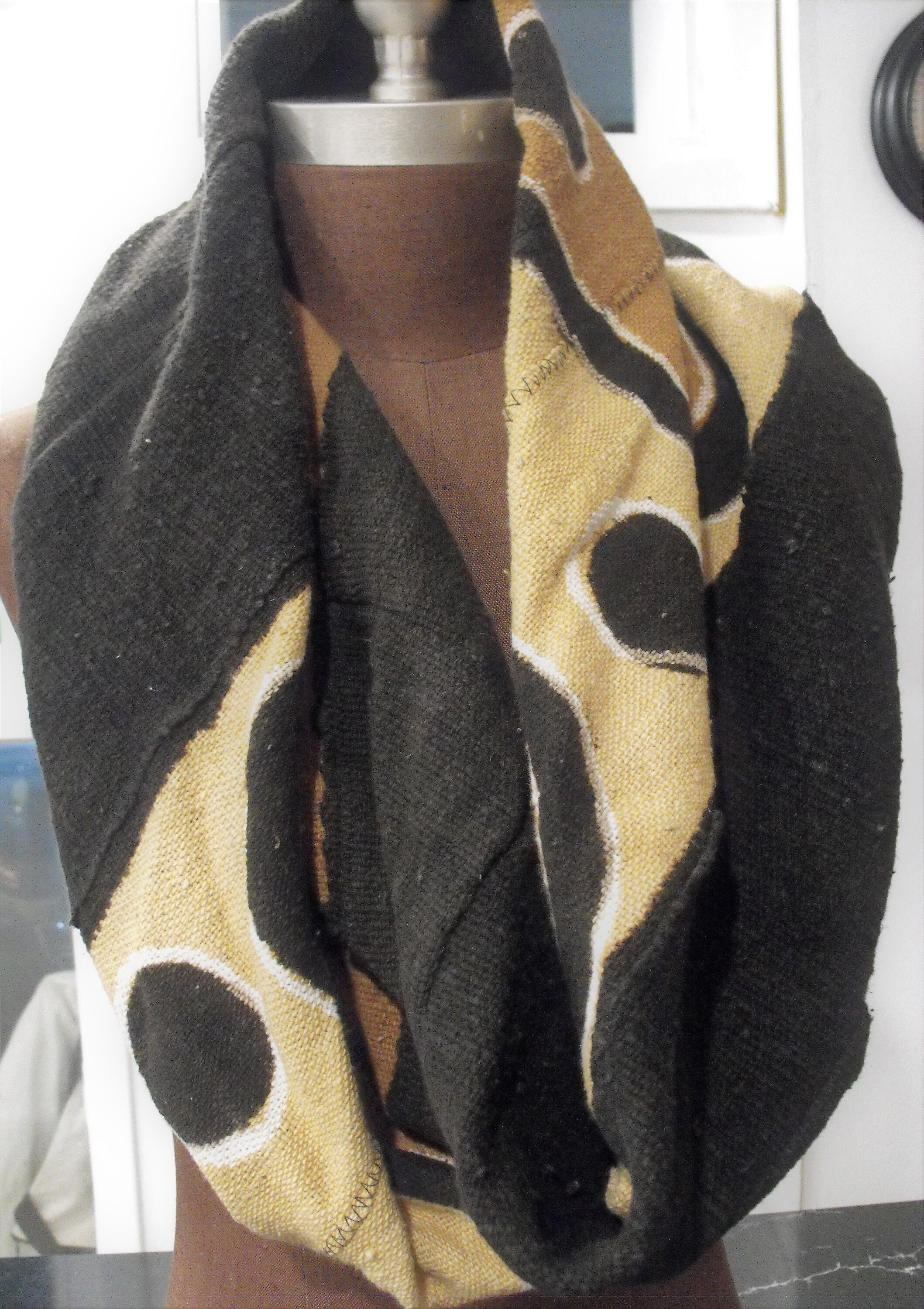 Black Cotton Brown Beige Patterned Mudcloth Infinity Loop Scarf Afrocentric Cowl